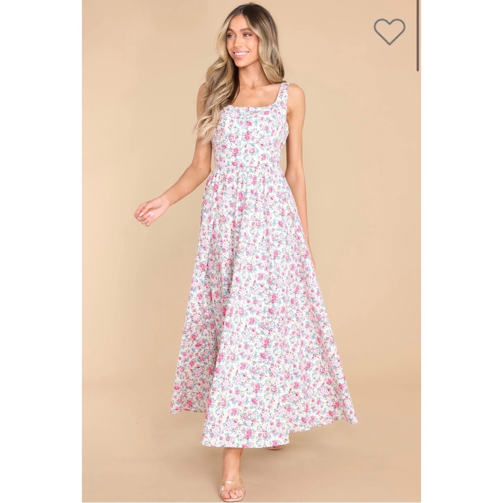 Red Dress - Beautiful Angel Ivory Multi Floral Print Maxi Dress